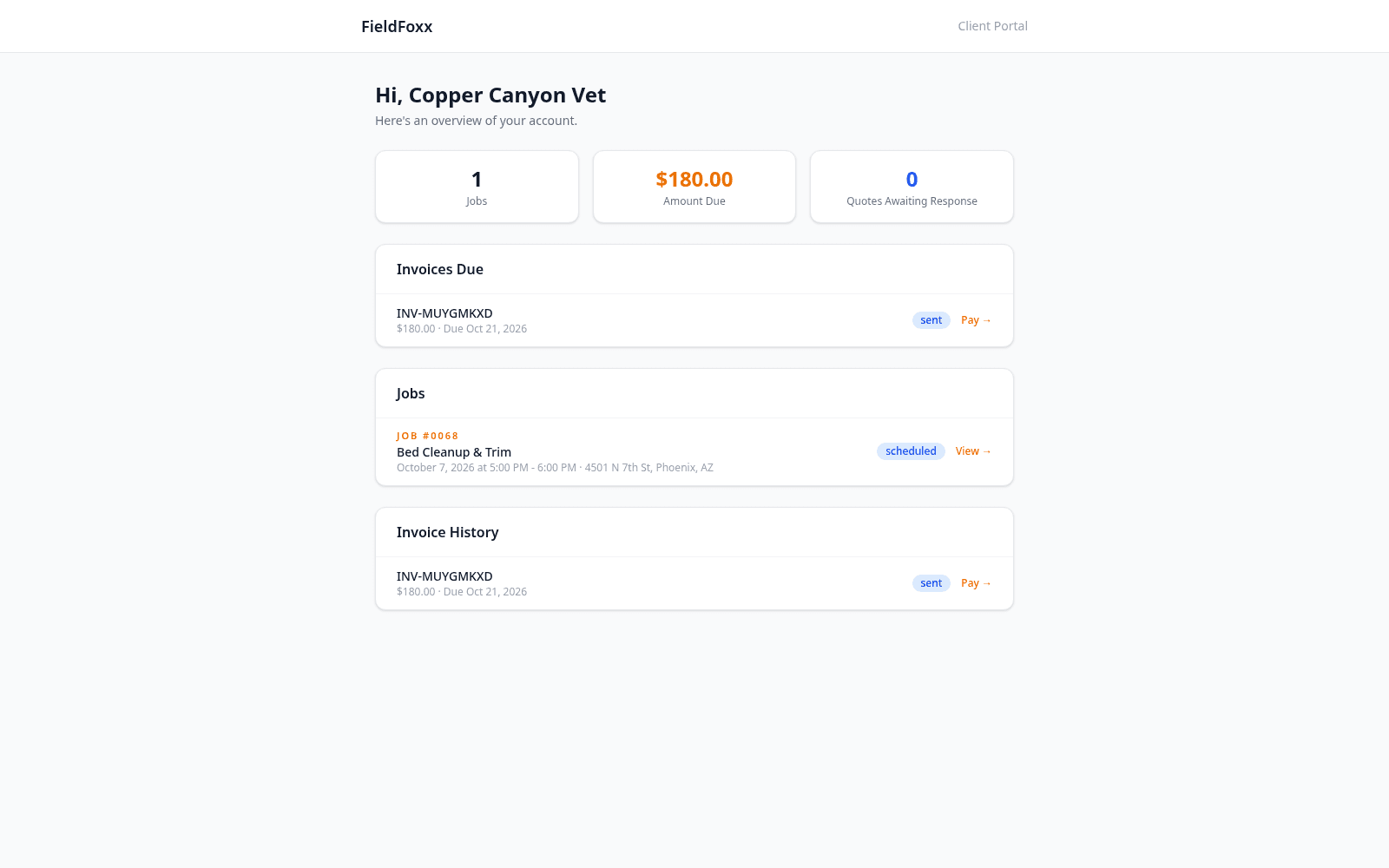 FieldFoxx client portal with quotes, visits and invoices