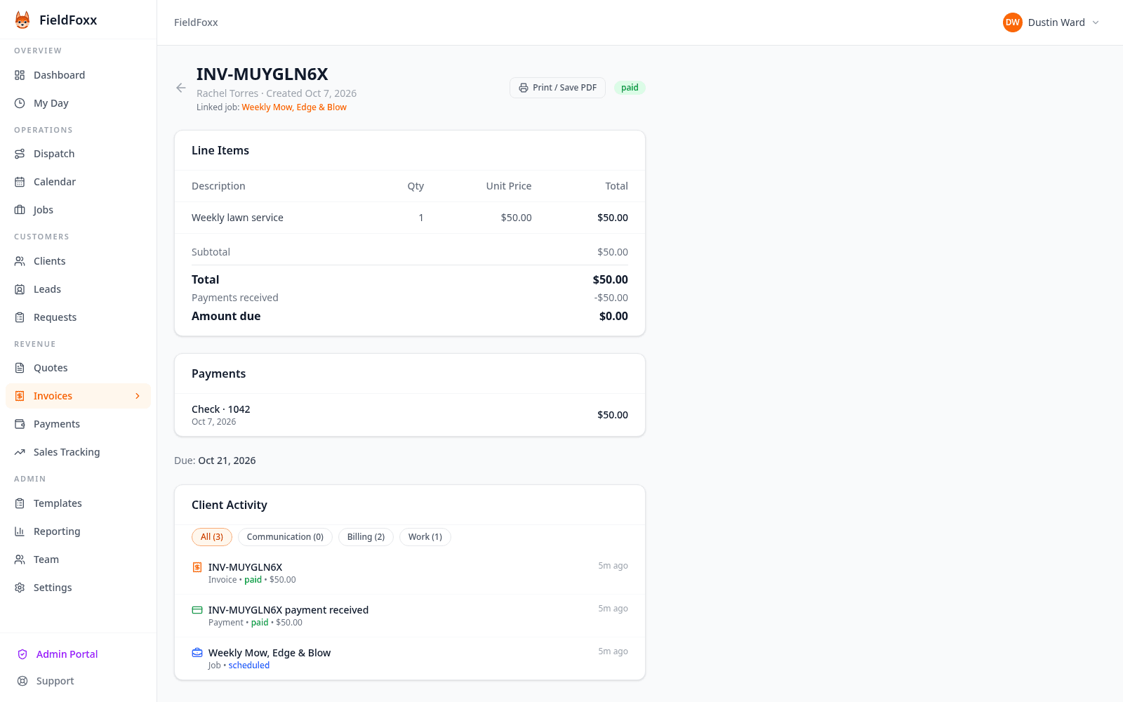FieldFoxx invoice with online payment and recorded payments