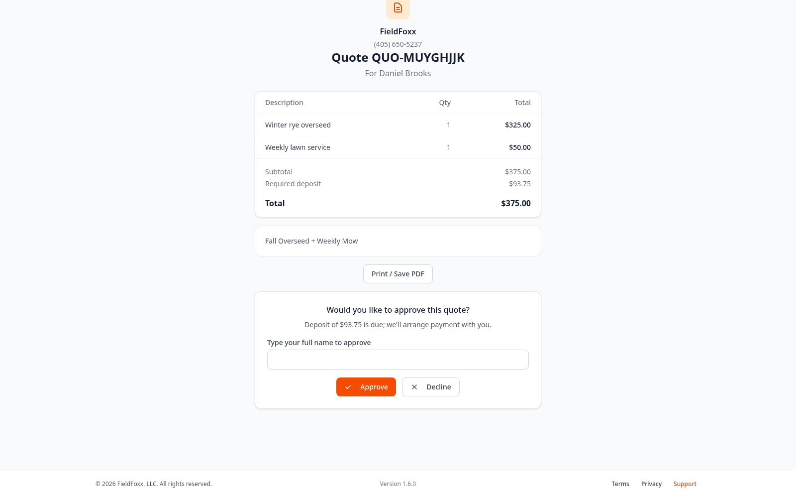 Customer approving a FieldFoxx quote with contract terms and deposit